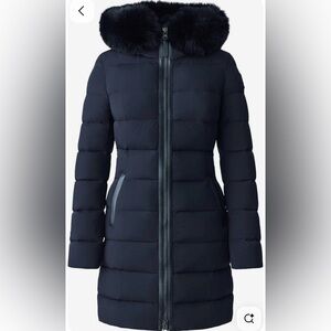 Mackage CALLIA Long Down Puffer Coat Navy Fox Fur Trim Hood XXS Leather Trim